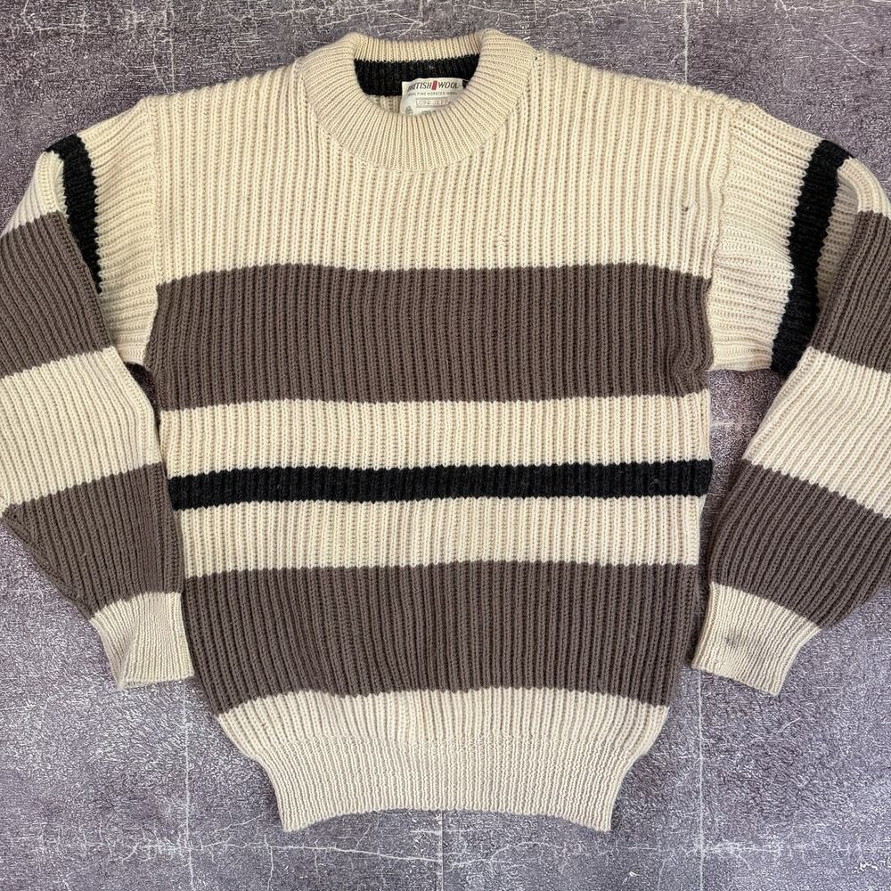 Men's Vintage 70's Lord Jeff Worsted Wool Thick Striped Crewneck Sweater Sz L